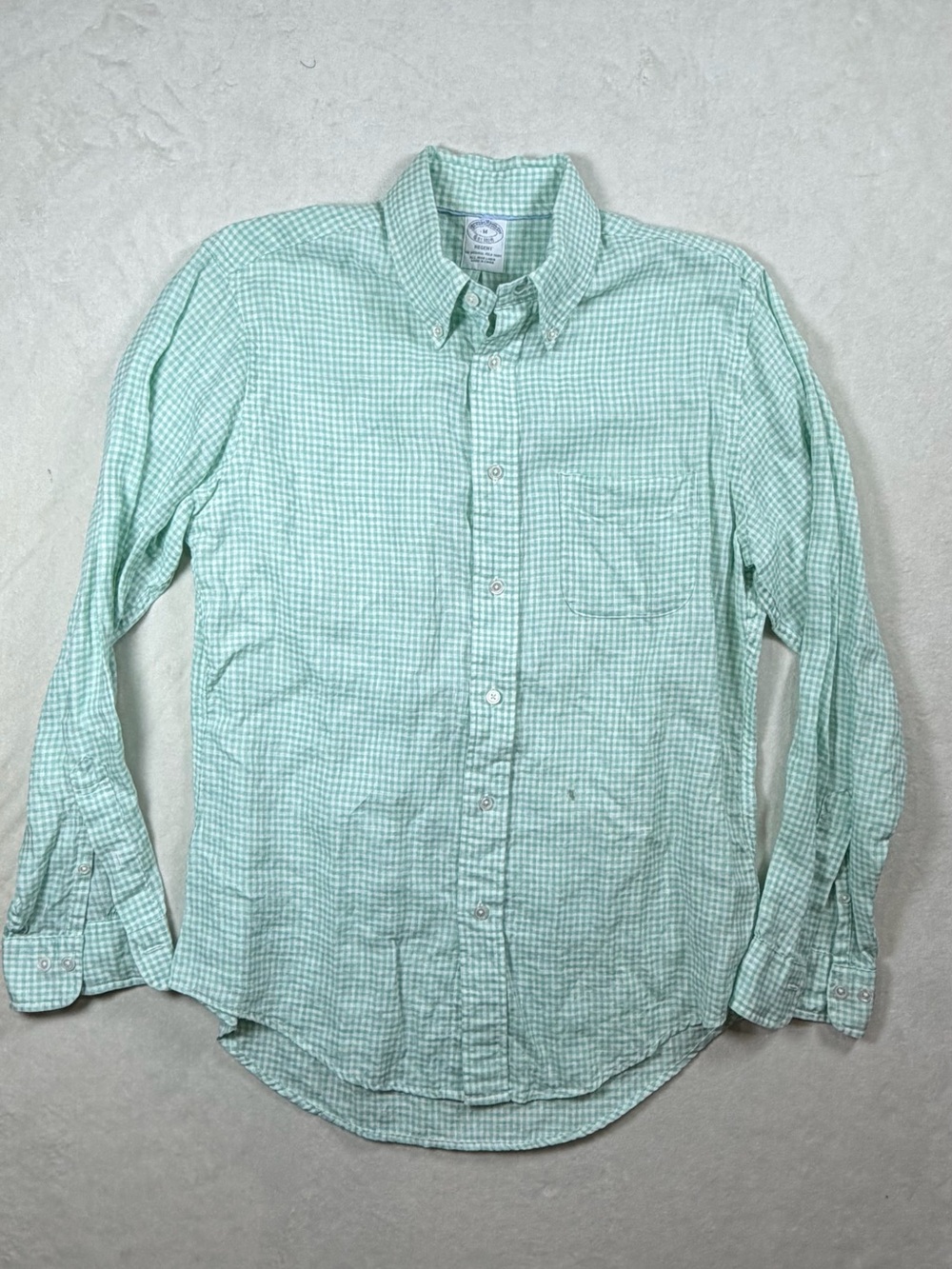Brooks Brothers x Baird McNutt Medium 100% Linen Regent Light Mint Gingham Shirt